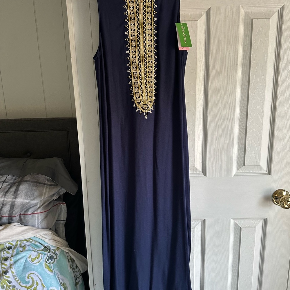 Navy Blue Sleeveless Dress with Gold Embroidery